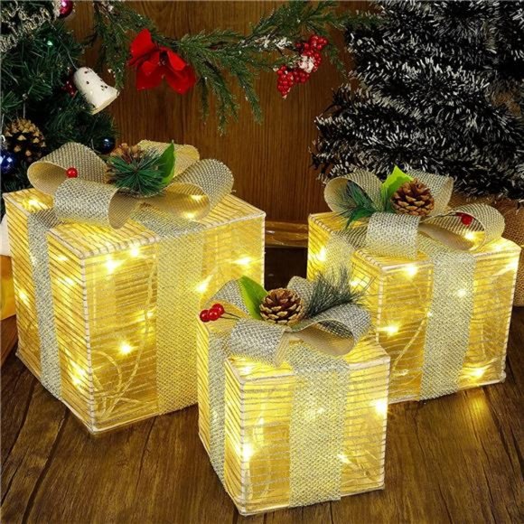 Christmas Lighted Boxes, Set of 3 60 LED Light Up Decor Outdoor, Light Up - Picture 1 of 7
